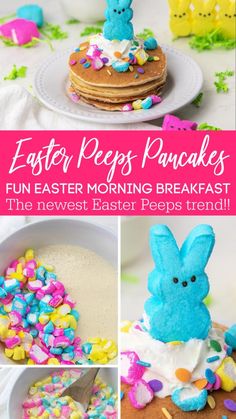 easter peeps pancakes with blue frosting and sprinkles on the side