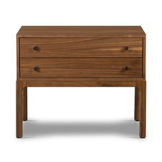 a wooden nightstand with two drawers on one side and an open drawer on the other