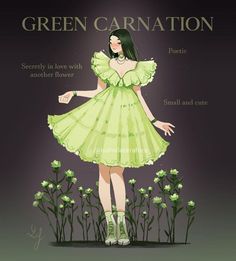 a woman in a green dress standing next to some flowers and the words, green carnation