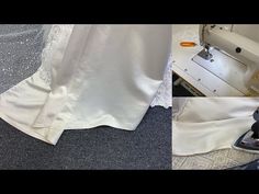 two pictures showing the process of making a wedding dress with an ironing board and sewing machine