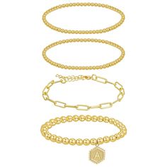 PRICES MAY VARY. 【Gold Beaded Bracelets Set】A set of 4 dainty bracelets, including 2 small beaded bracelets, 1 large beaded bracelet with initial letter pendant, and 1 paperclip chain bracelet. The initials represent your name or the name of someone you care about, and wear it as if he or she is by your side. 【Safe Material】Made of 14K gold plated material, the gold bracelet stack is non-tarnish and comfortable to wear. Beaded bracelets diameter: 3.43in/ 8.7cm. Paperclip bracelet circumference: Braclets Gold, Gold Bracelet Stack, Gold Beaded Bracelets, Gold Bracelets Stacked, Dressing Tips, Paperclip Bracelet, Amazon Jewelry, Bracelets Set, Gold Bead Bracelets