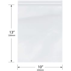 a white plastic bag with measurements for the size and width, on a white background