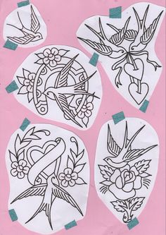 four paper plates with birds and flowers on them