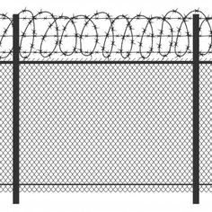 a black and white photo of a fence with barbed wire on top, against a white background