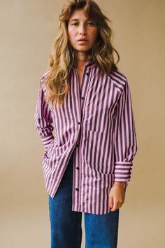 Ganni Stripe Cotton Oversize Raglan Shirt - Bonbon | Garmentory Purple Button Down Shirt Outfit, Purple Striped Shirt, Button Down Shirt Outfit, Striped Shirt Outfit, Stiff Fabric, Brunch Outfits, Raglan Shirt, Autumn Winter 2024, Model Look