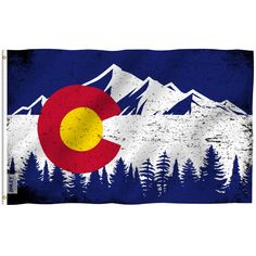 the colorado state flag is shown in front of snow covered mountains and evergreen trees on a blue sky background