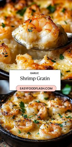 shrimp and cheese casserole in a cast iron skillet with a serving spoon