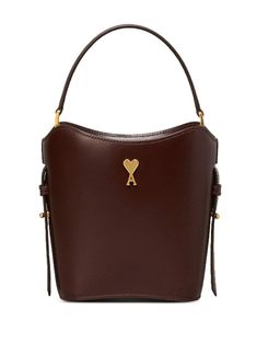 chocolate brown leather signature Ami de Coeur monogram motif gold-tone hardware single shoulder strap detachable shoulder strap top drawstring fastening main compartment Paris 64 Bag, Outfit Collages, Mini Bucket Bags, Office Bag, Red Handbag, Paris Paris, Ami Paris, Strap Top, Derby Shoes