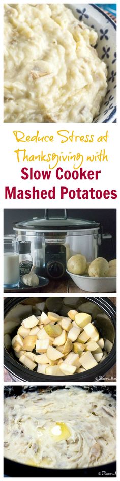 the process for making slow cooker mashed potatoes is shown in three different stages