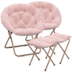 two pink chairs with matching foot stools are shown in front of a white background