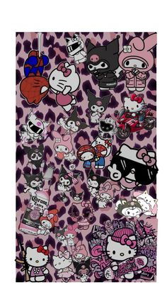 an assortment of hello kitty stickers on a purple background