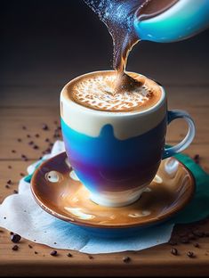 a person pouring liquid into a cup on top of a saucer