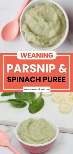 a bowl of parsnip and spinach pure with spoons on the side