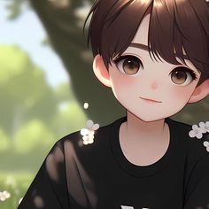 an anime boy with brown hair and black shirt in front of some white daisies