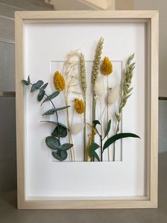 three dried flowers in a white frame with green leaves on the bottom and one yellow flower at the top