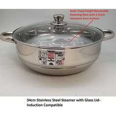 a stainless steel steamer with glass lid and instructions on how to use it for cooking