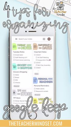 an iphone with the text 4 tips for organizing on it