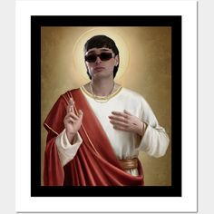 a painting of jesus holding his hands up in front of the camera and wearing sunglasses