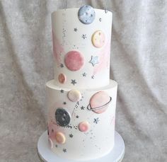 a three tiered cake decorated with planets and stars