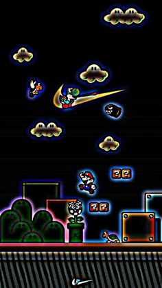 an image of a video game scene with mario and luigi in the sky above some buildings