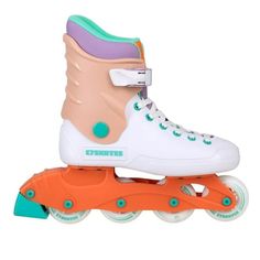 an orange and white roller skate with colorful wheels