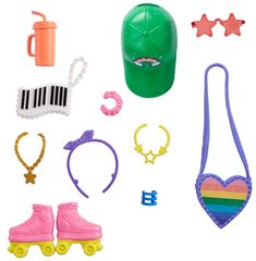 toys and accessories are arranged on a white background, including a hat, skateboard, sunglasses, headbands, hair clips, and more