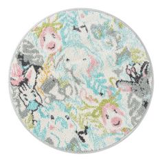 a round rug with colorful flowers and butterflies on the front in grey, pink, blue, green, yellow and white colors