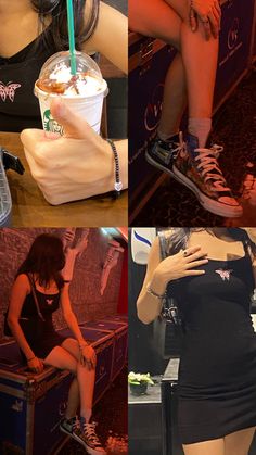 four pictures of women sitting on stools with drinks in their hands and one woman holding a cell phone