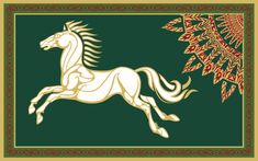 an image of a white horse on green and red background with gold trimmings