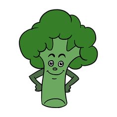 a cartoon broccoli character holding his hands behind his back