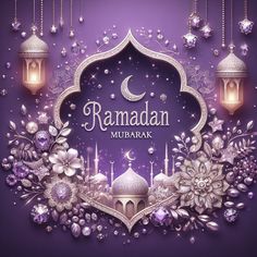 rama mubarak greeting card with lanterns and flowers on purple background for muslim festival