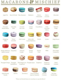 the macarons and mischiefs poster is shown in multiple colors, with different