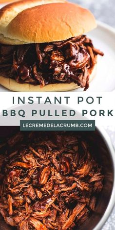 instant pot bbq pulled pork in a white bowl next to a sandwich on a plate