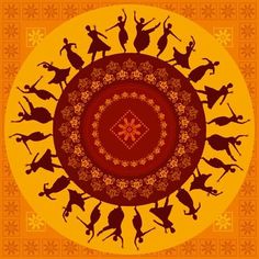 silhouettes of people dancing around the circle on an orange and yellow background stock photo