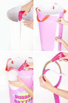 the process of making a pink plastic cup with scissors and glue is shown in four different stages