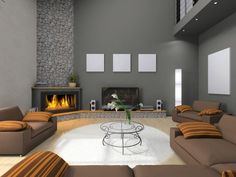 a living room with couches and a fire place in the center, along with a fireplace