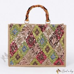 Bird in Bag - Embroidered Random Pattern Glitter Flower Tote Bag - Perfect for Beach Vacations Rectangular Multicolor Sequined Shoulder Bag, Summer Multicolor Sequined Bag, Multicolor Sequined Summer Bag, Multicolor Sequined Bags For Summer, Multicolor Sequined Bag For Summer, Flower Tote Bag, Flower Tote, Random Pattern, Glitter Flowers