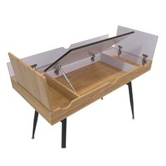 a wooden table with an open drawer on the top and two metal handles at the bottom