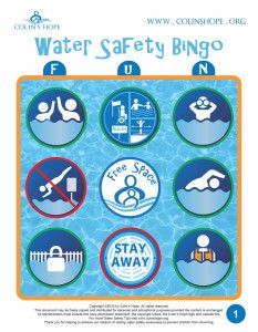 the water safety bingo game is shown in blue and orange circles with symbols on it