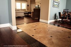 a living room with hard wood flooring and blue walls in the middle of it