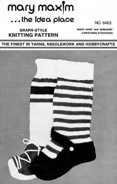 an advertisement for mary maximum's knitting pattern, featuring striped socks and booties