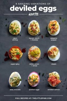 an image of deviled eggs with different toppings on them and the words deviled eggs