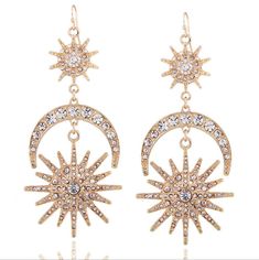 Item Type: Earrings Earring Type: Drop Earring Earring Back Type: Fish Hooks Material: Zinc Alloy, Rhinestone Product Dimensions: 10 x 4.5 cm / 3.94 x 1.77 inch Product Weight: 27 g / 0.06 lbs Package Dimensions: 8 x 6 x 5 cm / 3.15 x 2.36 x 1.97 inch Package Weight: 0.06 kg / 0.13 lbs Package Includes: One Pair of Earrings Vintage Statement Earrings, Sun Earrings, Punk Earrings, Moon And Star Earrings, Moon And Sun, Retro Earring, Alloy Earrings, Silver Moon, Bridal Hair Pieces