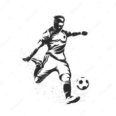 a soccer player kicking the ball in black and white