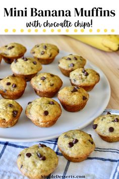 mini banana muffins with chocolate chips on a white plate and bananas in the background