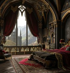 an ornate bedroom with large windows and red curtains on the window sill, overlooking a castle like setting