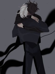 an anime character with white hair and black clothes holding his arm around another person's shoulder