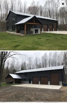 two garages side by side in the middle of a field with trees and grass