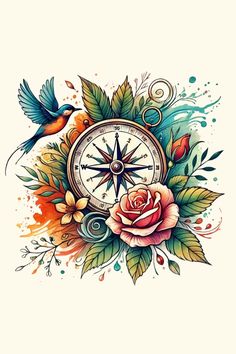 a compass and rose tattoo design on a white background with watercolor splashes around it