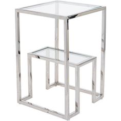 a set of three glass and metal side tables with one end table on the other